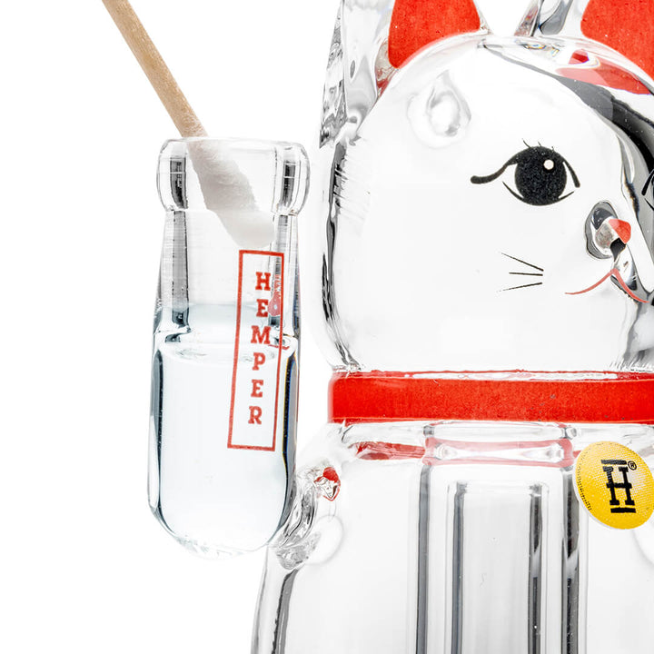 Close detail of the painted face on the Hemper Lucky Money Cat Peak Top