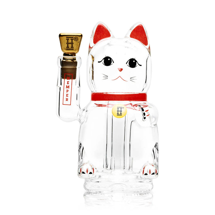 Hemper Lucky Money Cat Peak Top, clear glass maneki neko attachment with a red collar