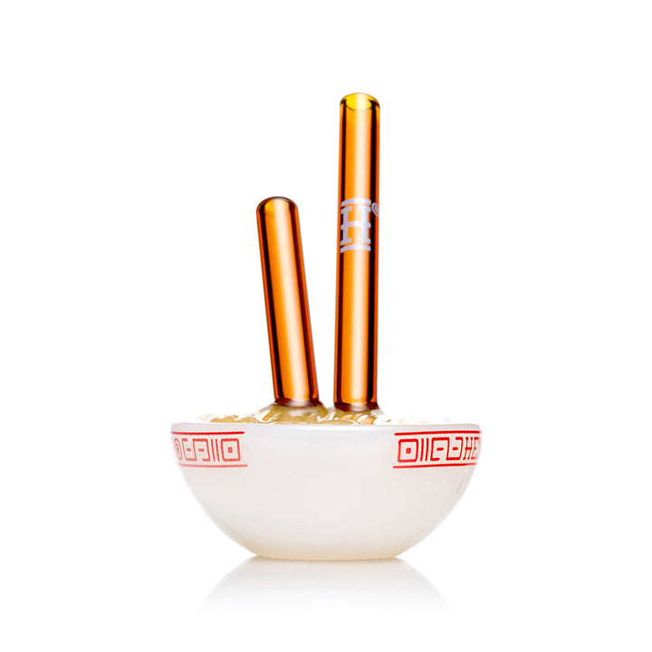 Hemper Ramen Bowl hand pipe, white glass noodle bowl with two amber glass chopsticks