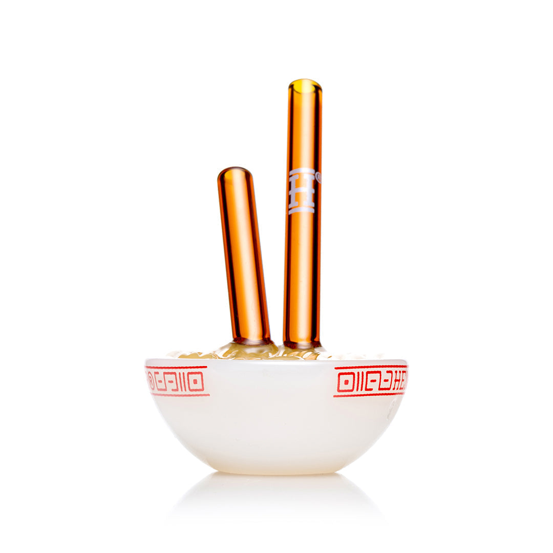 Hemper Ramen Bowl hand pipe, white glass noodle bowl with two amber glass chopsticks