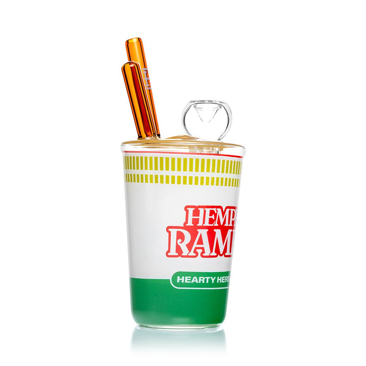 Hemper Ramen Cup bong at an angle showing the clear glass bowl