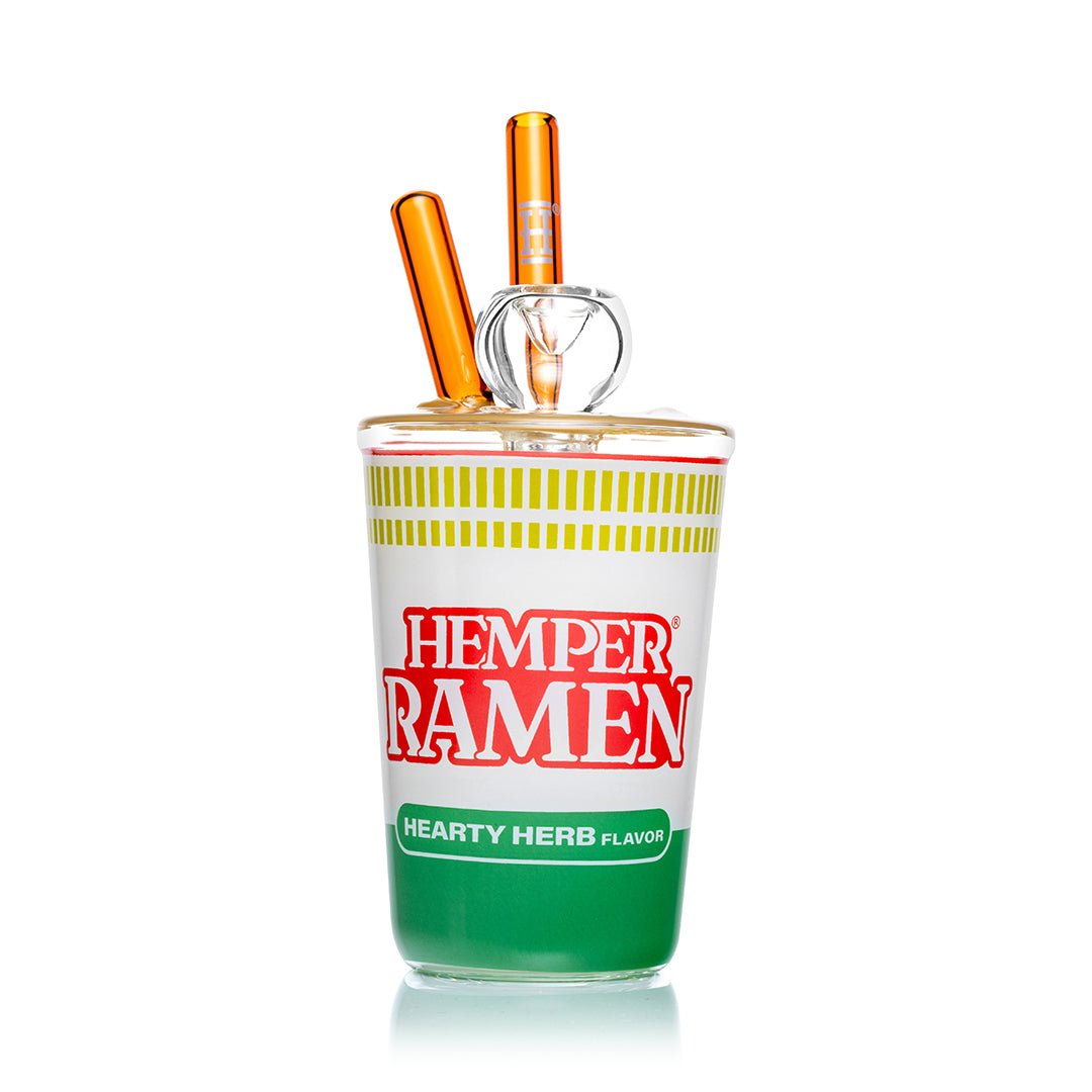 Hemper Ramen Cup bong shaped like an instant noodle cup with amber glass chopsticks
