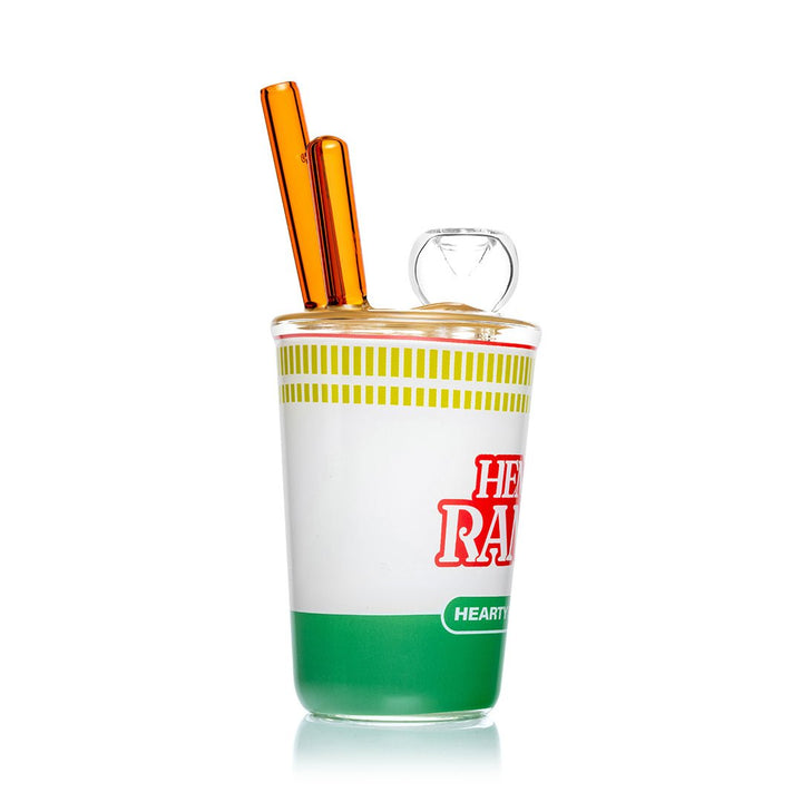 Hemper Ramen Cup bong from the side with the green and white cup print