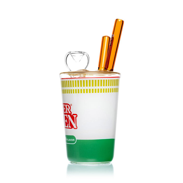 Hemper Ramen Cup bong in three quarter view with the chopstick mouthpieces