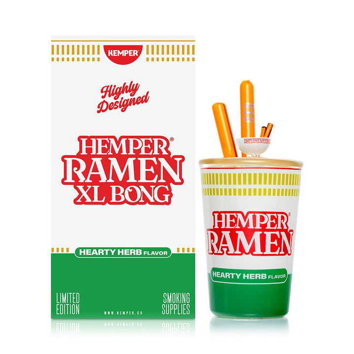 Hemper Ramen Cup XL bong beside its Hearty Herb Flavor retail box