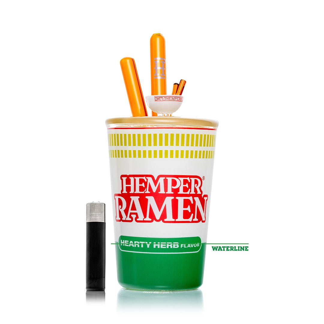 Hemper Ramen Cup XL bong with the recommended waterline marked, shown with a lighter