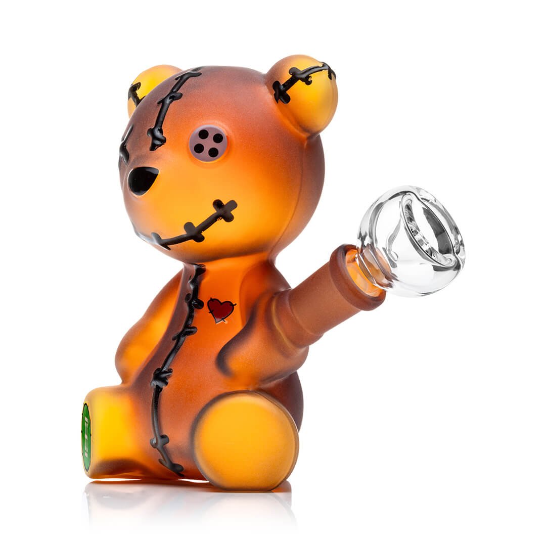 Hemper Scare Bears Teddy Bear bong at an angle with the clear glass bowl fitted