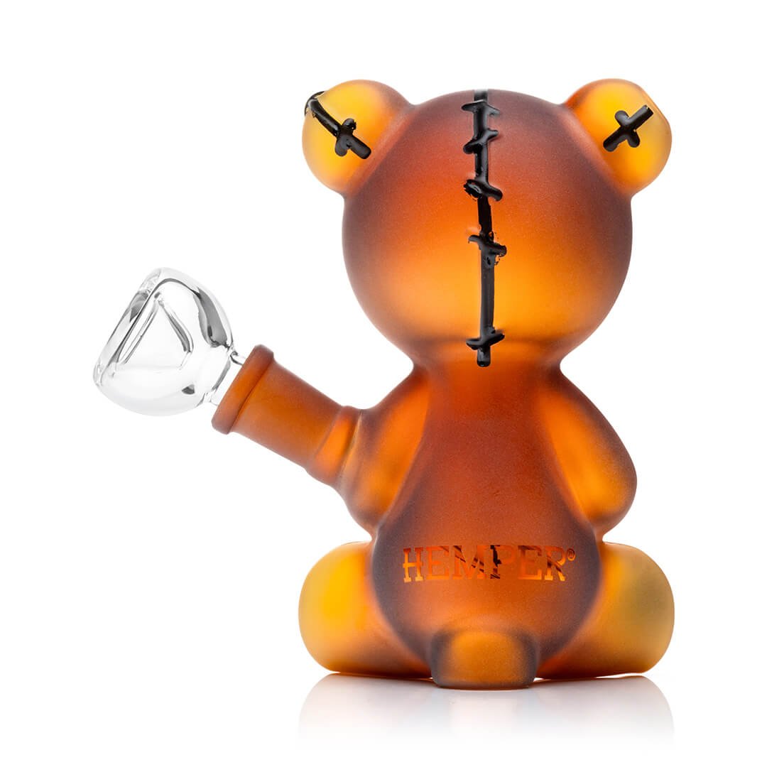 Back of the Hemper Scare Bears Teddy Bear bong with the stitched spine and bowl