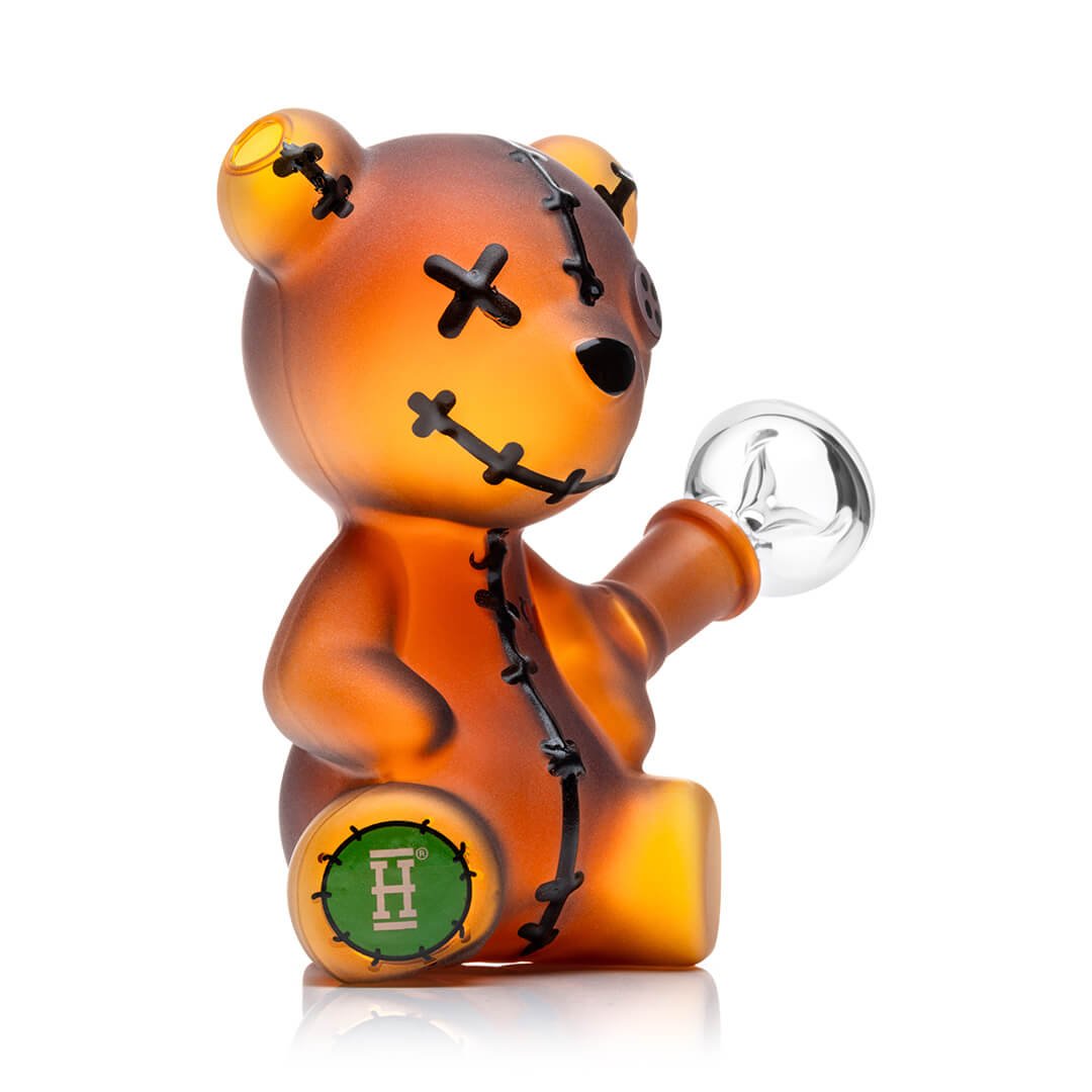 Hemper Scare Bears Teddy Bear bong in amber glass with stitched-eye detailing