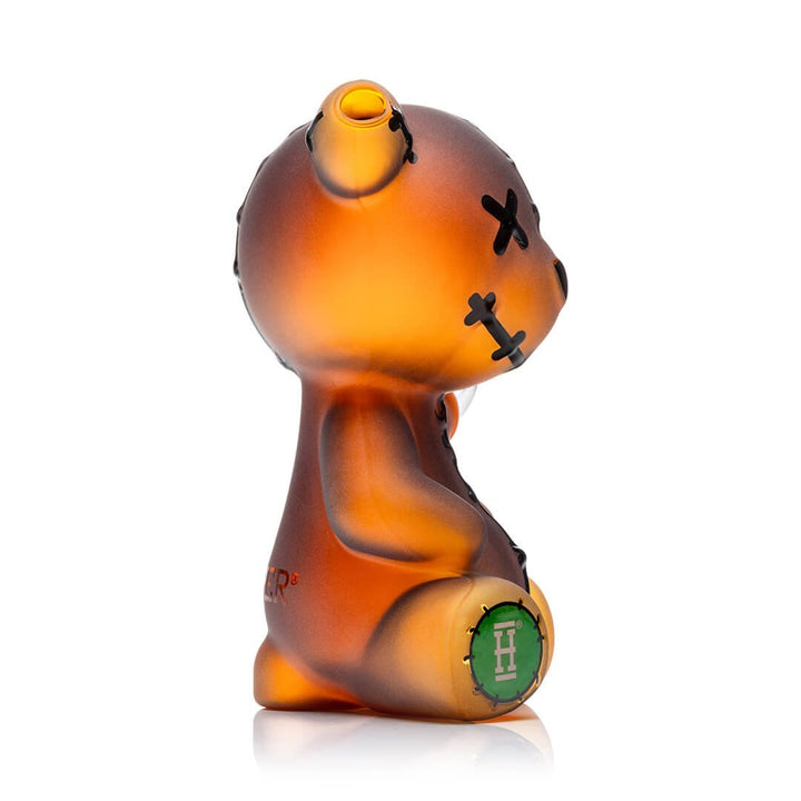 Hemper Scare Bears Teddy Bear bong from the side showing the seated pose