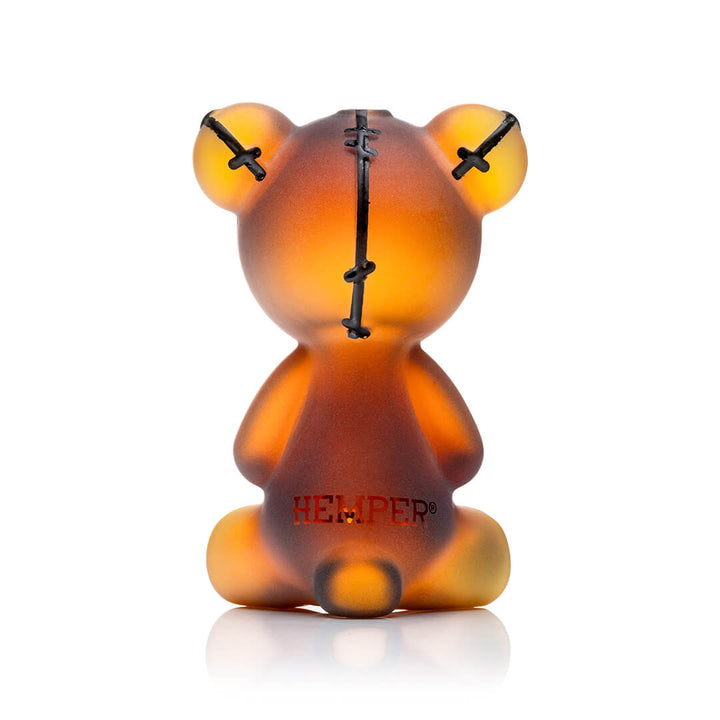 Back of the Hemper Scare Bears Teddy Bear hand pipe with the stitched spine detail
