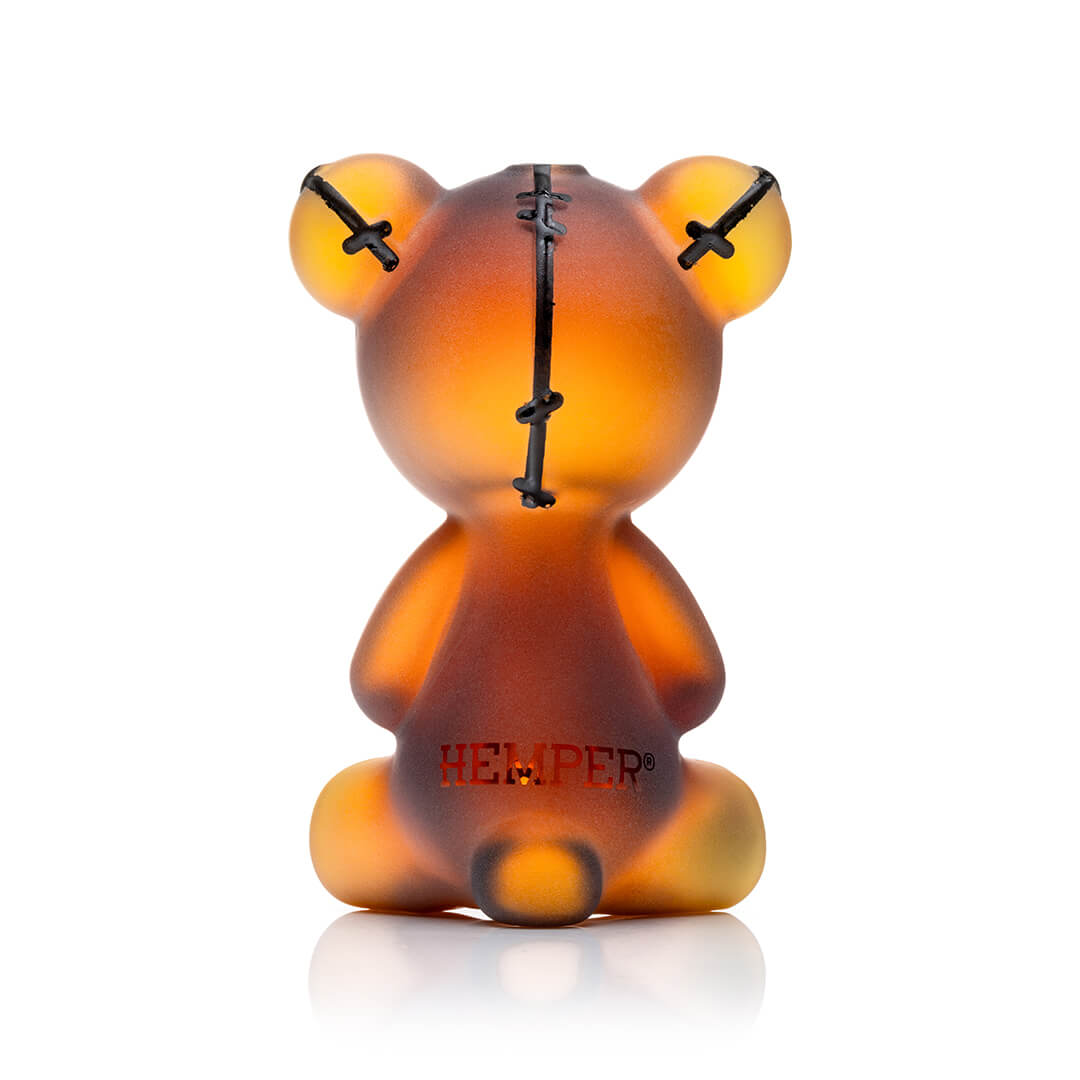 Back of the Hemper Scare Bears Teddy Bear hand pipe with the stitched spine detail