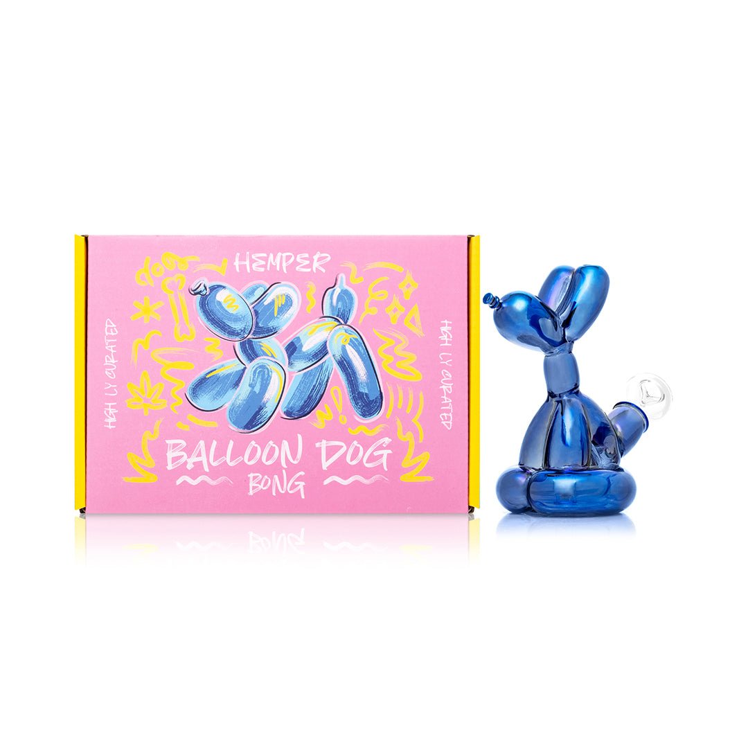 Hemper Sitting Balloon Dog Bong shown beside its Hemper retail box