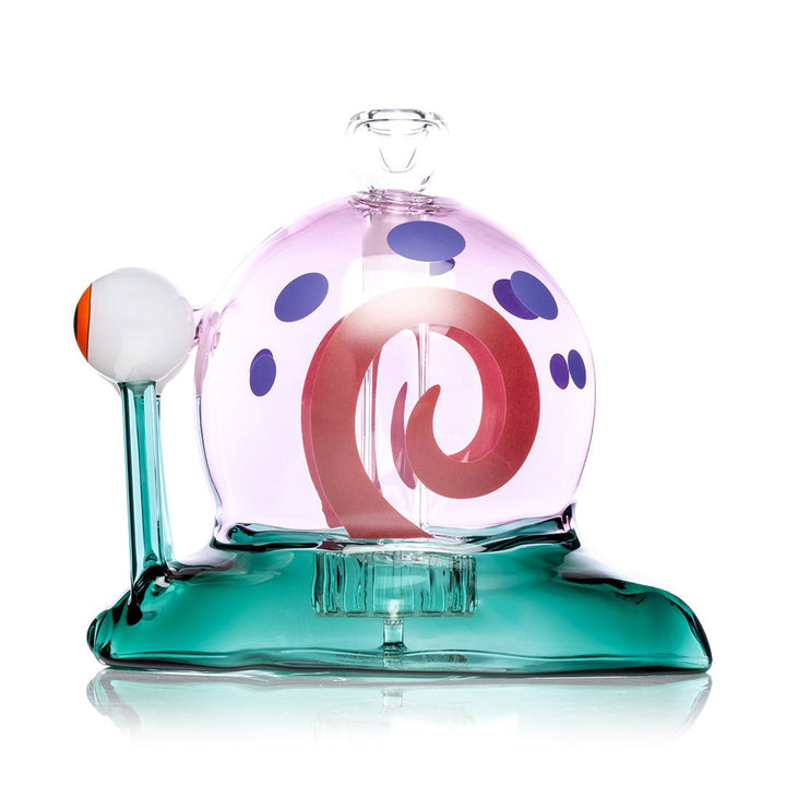 Hemper Snail XL bong in three quarter view with the pink and teal glass
