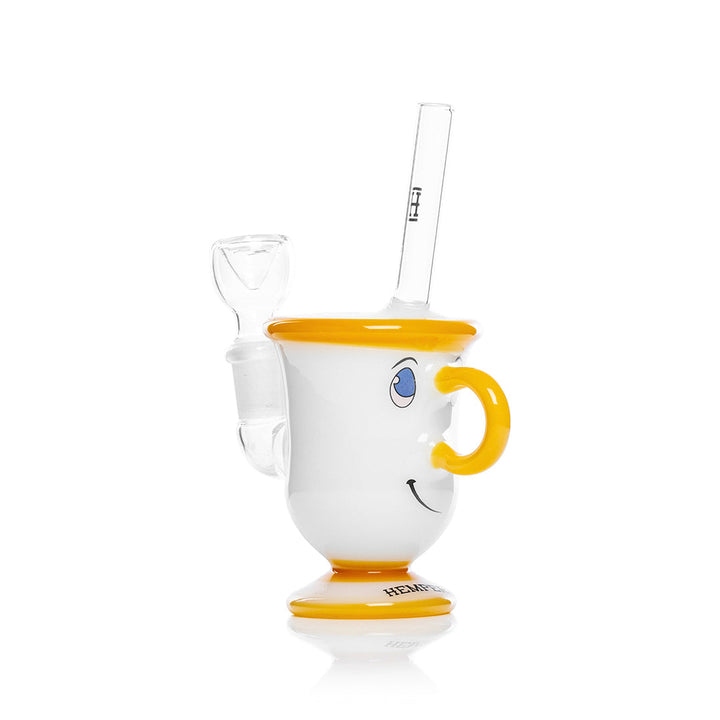 Hemper Tea Cup bong at an angle showing the bowl and glass mouthpiece