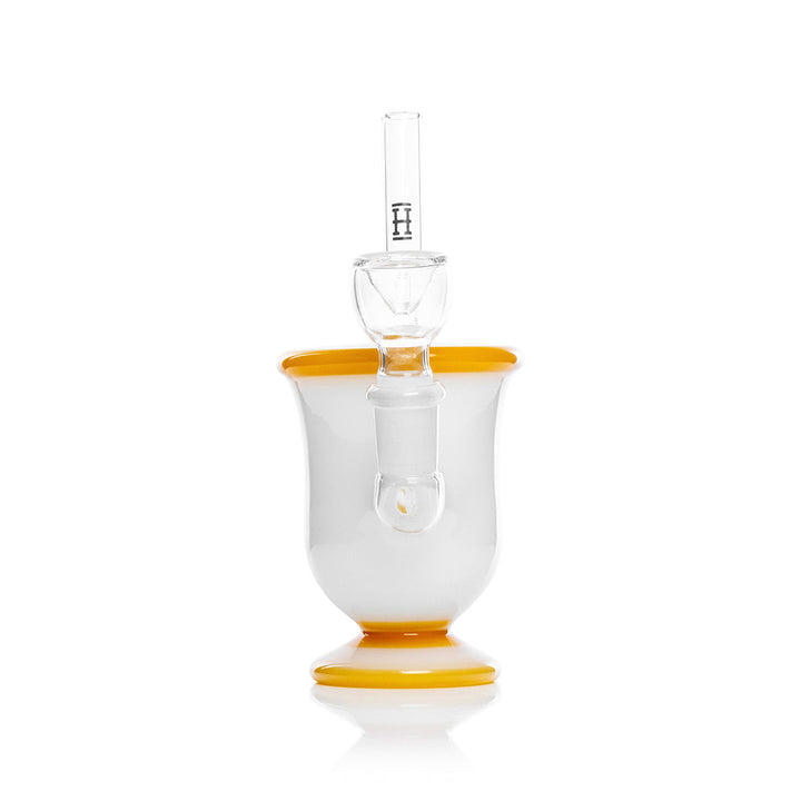 Back of the Hemper Tea Cup bong showing the plain white glass and yellow rim