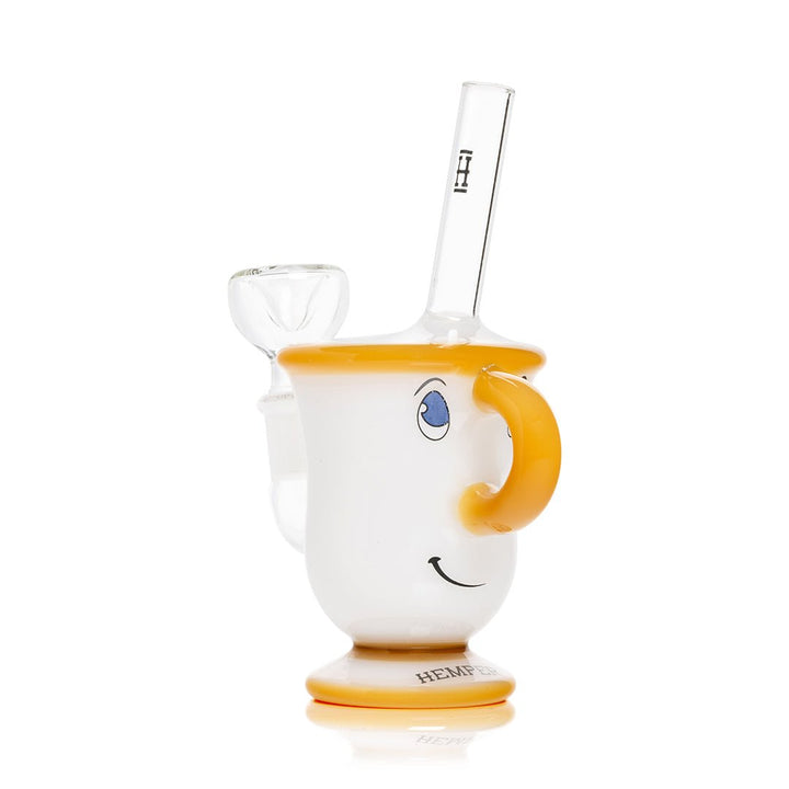 Hemper Tea Cup bong, white glass teacup with a smiling face and yellow handle