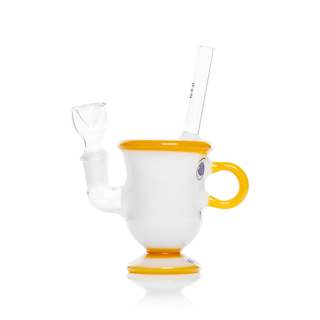Hemper Tea Cup bong from the side with the yellow handle and bowl fitted