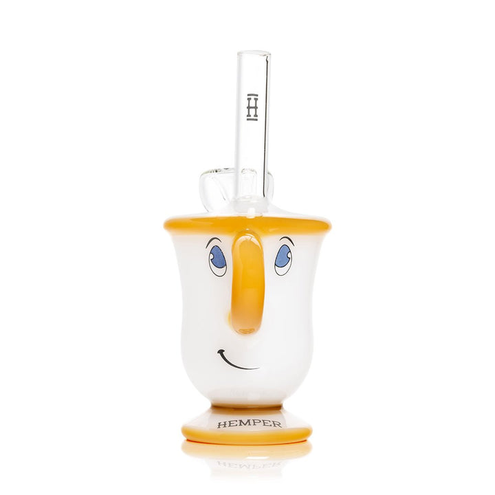 Hemper Tea Cup bong in three quarter view on its yellow glass foot