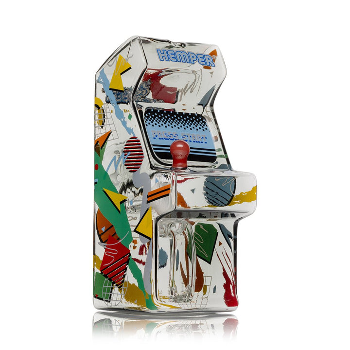 Hemper Totally Rad Arcade bong shaped like a retro arcade cabinet in 80s print