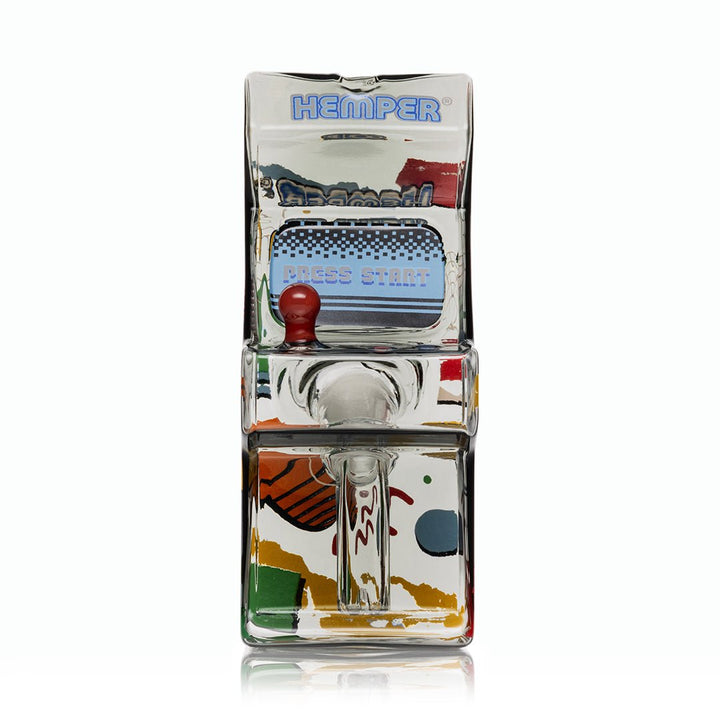 Hemper Totally Rad Arcade bong front on, showing the printed screen and joystick