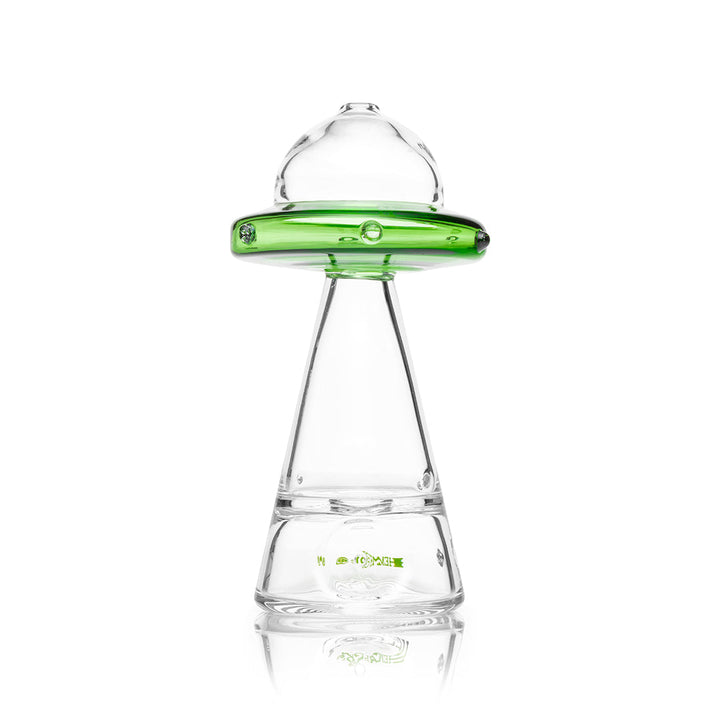 Hemper UFO Vortex hand pipe, green glass flying saucer above a clear tapered base