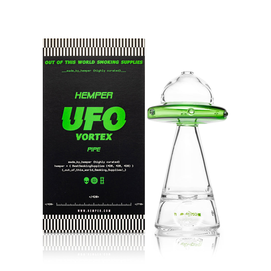 Hemper UFO Vortex hand pipe beside its Out Of This World retail packaging