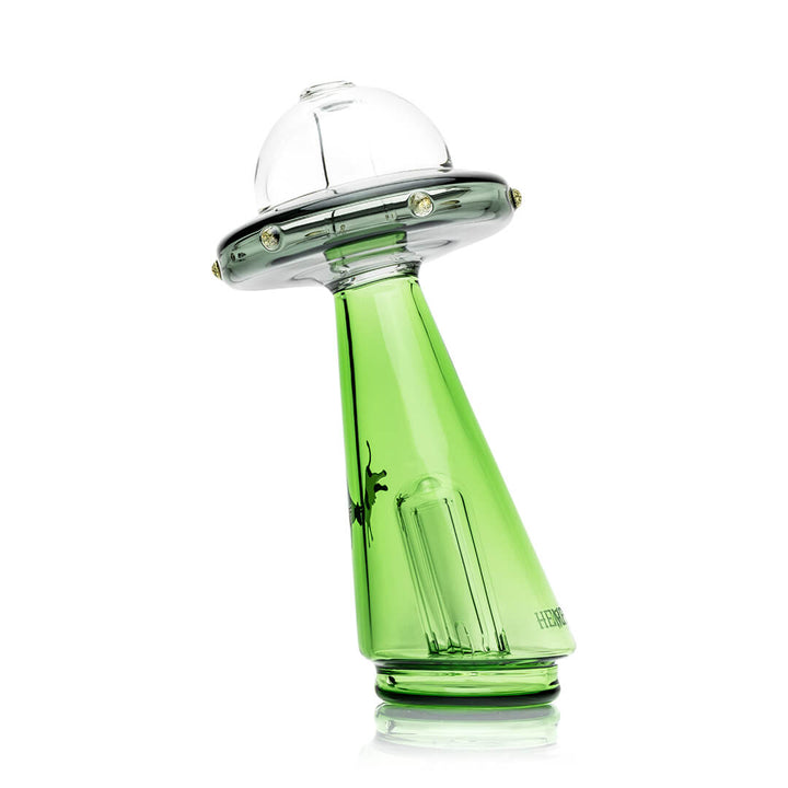 Hemper UFO Vortex Peak Top from the right, showing the sculpted borosilicate flying saucer and the beam pulling up a small cow