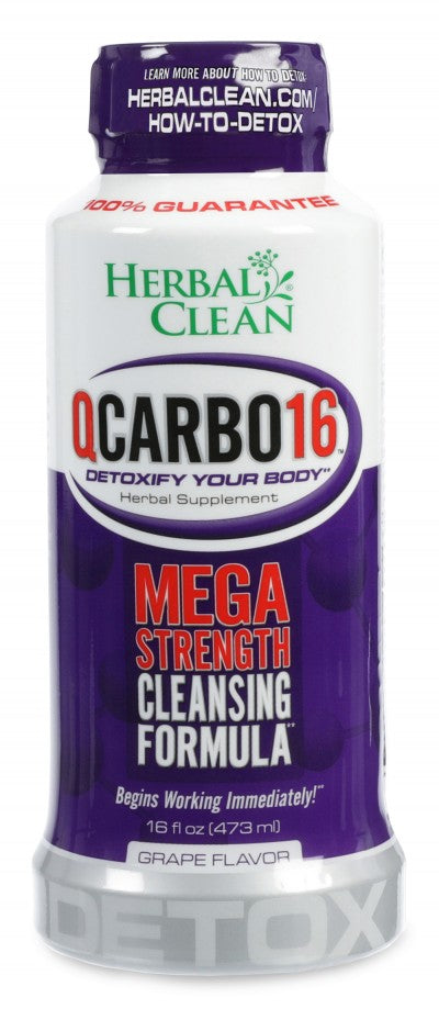 Herbal Clean QCarbo16 grape detox drink — product label detail, 16 oz cleansing beverage