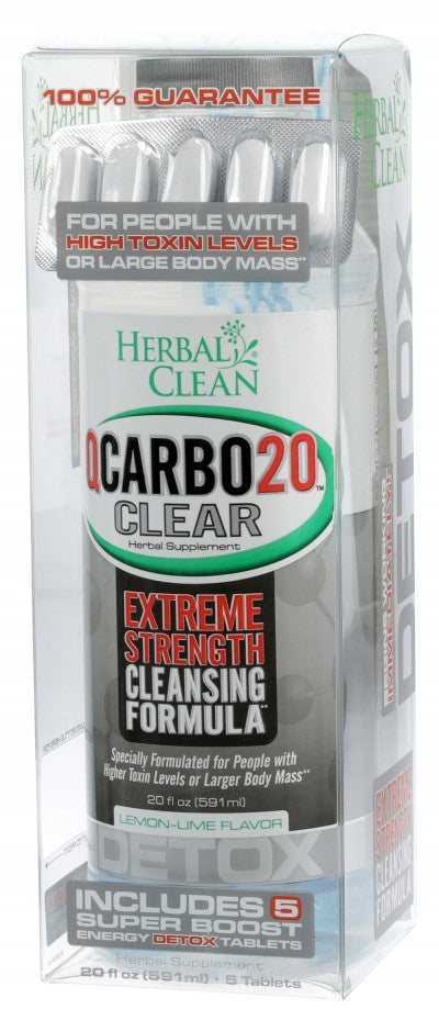 Herbal Clean QCarbo20 lemon lime detox drink — label detail, 20 oz cleansing beverage