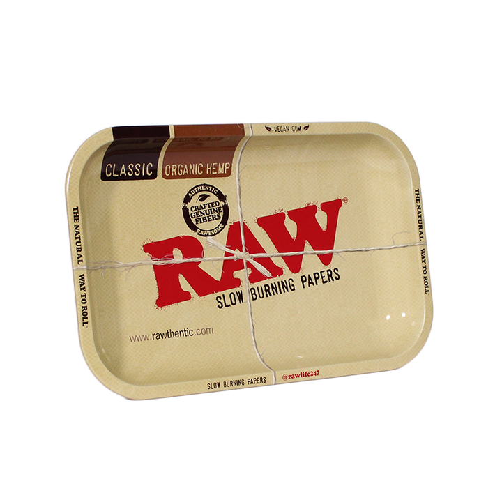 RAW Small Rolling Tray – Classic kraft design standing upright with vintage RAW branding.