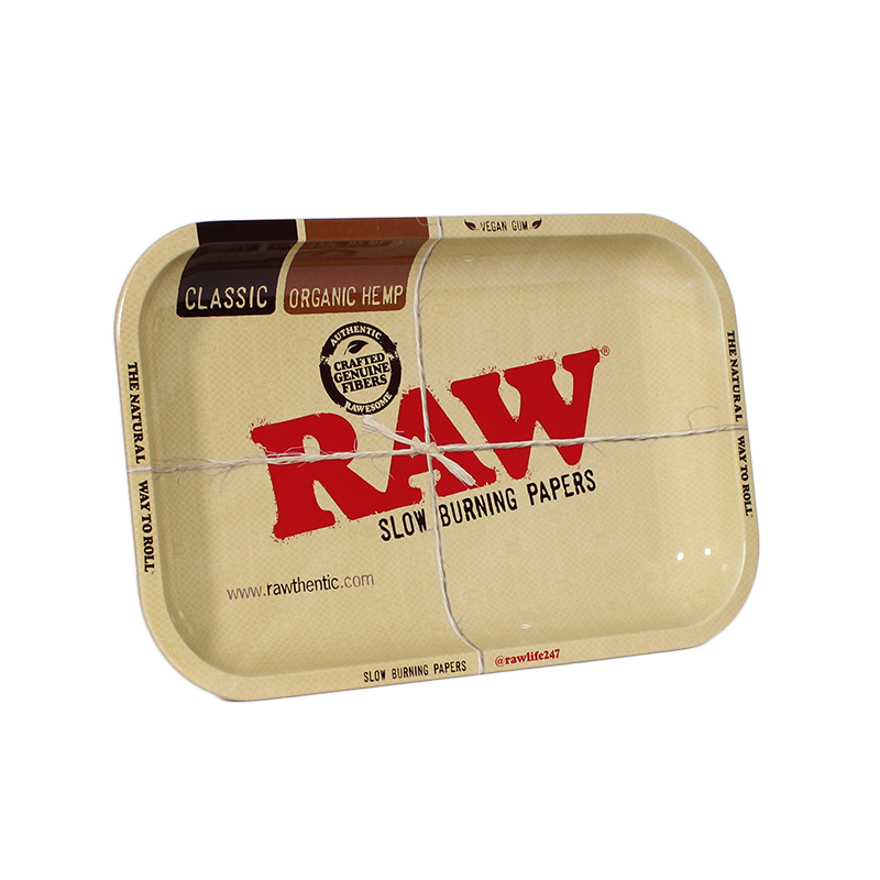 RAW Small Rolling Tray – Classic kraft design standing upright with vintage RAW branding.