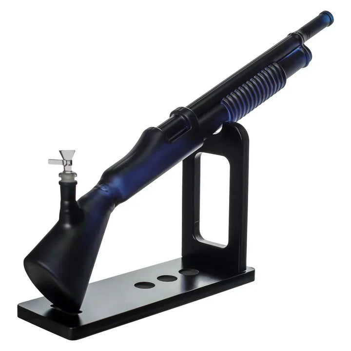 27" Glass Shotgun Bong with ergonomic grip and black gun-style body, designed for massive rips and smooth filtration in a unique form.