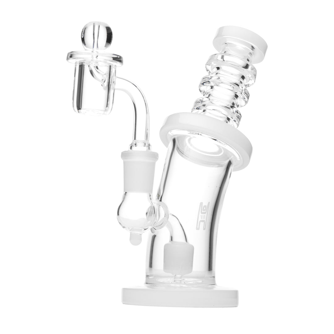 Human Grade 6.25 inch Bent Neck rig in clear glass, angled view with the 14mm quartz banger and glass carb cap fitted