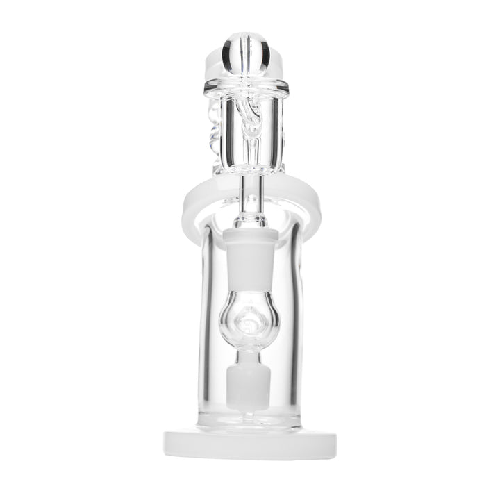 Human Grade 6.25 inch Bent Neck rig in clear glass, front view showing the percolator disc and bent mouthpiece