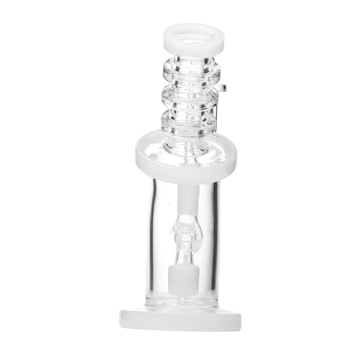 Close view of the percolator and stepped neck on the clear Human Grade 6.25 inch Bent Neck rig