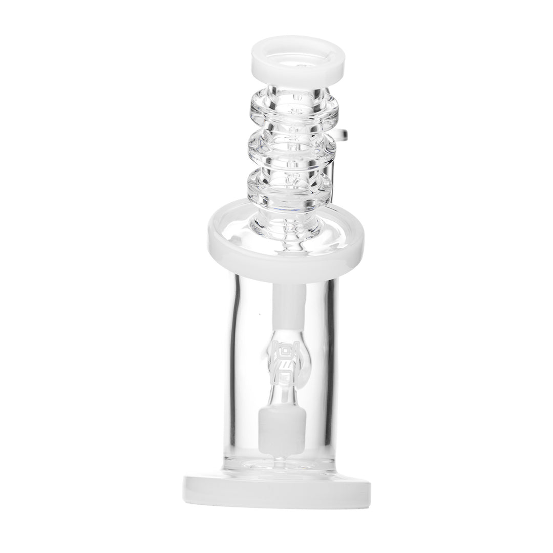 Close view of the percolator and stepped neck on the clear Human Grade 6.25 inch Bent Neck rig