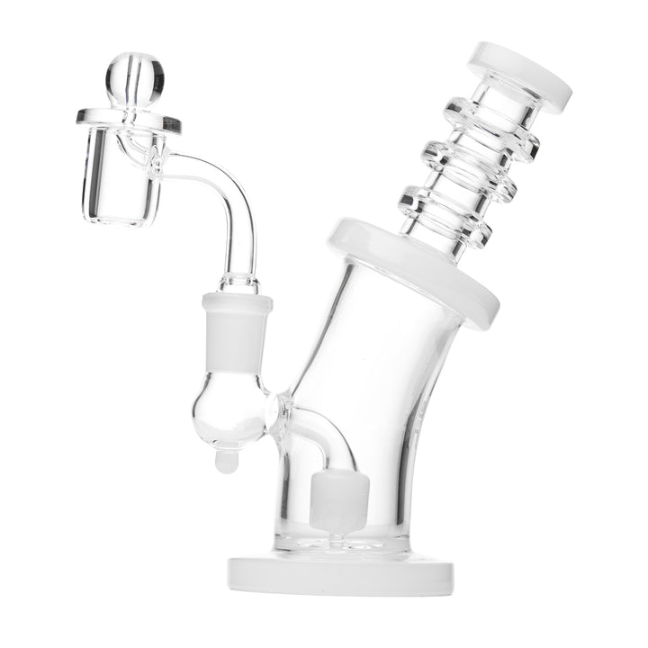 Human Grade 6.25 inch Bent Neck rig, Clear with White Accent colourway, quartz banger seated in the 14mm joint
