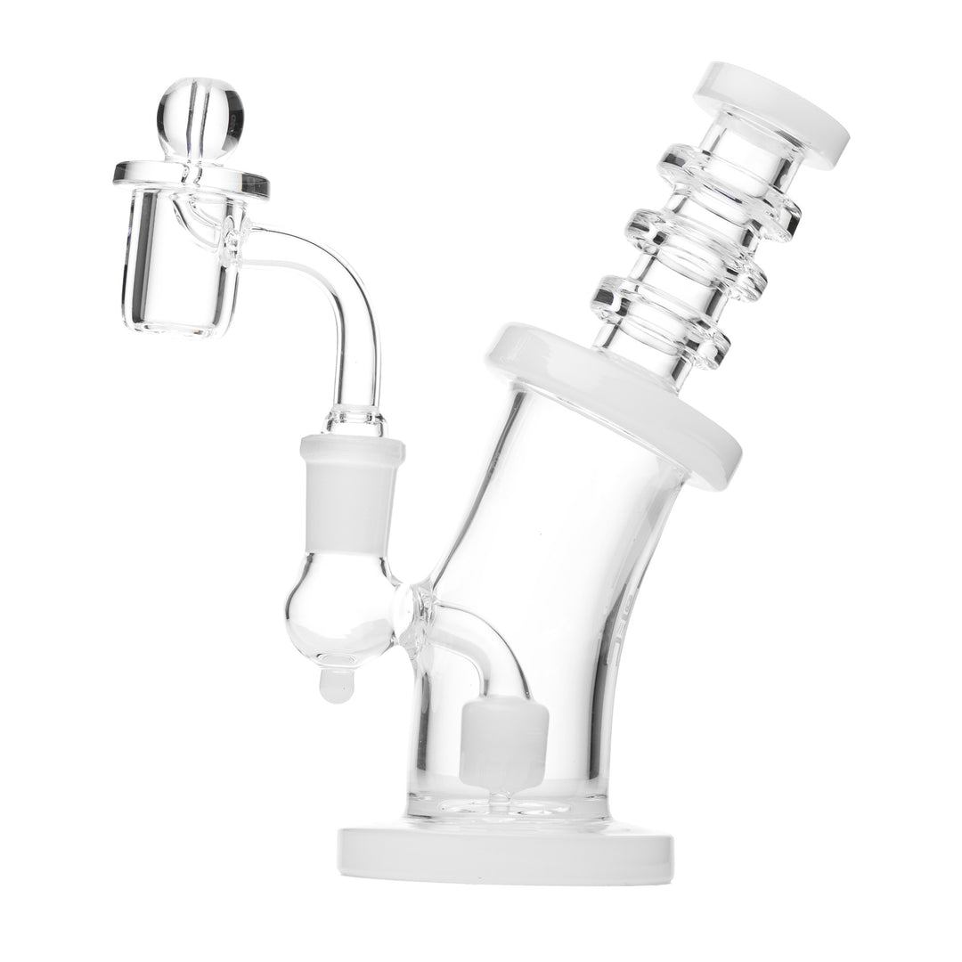 Human Grade 6.25 inch Bent Neck rig, Clear with White Accent colourway, quartz banger seated in the 14mm joint