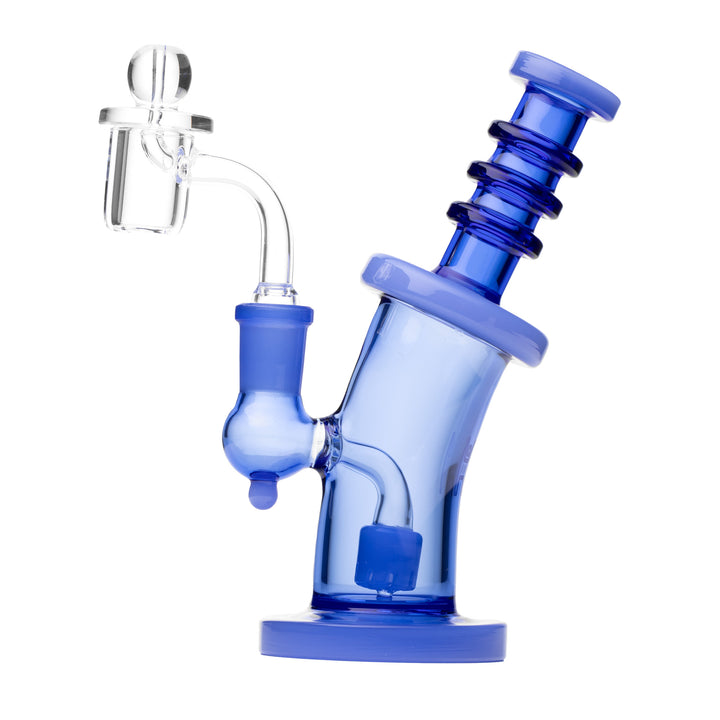 Human Grade 6.25 inch Bent Neck rig in light blue glass with black accents on the neck, base and joint