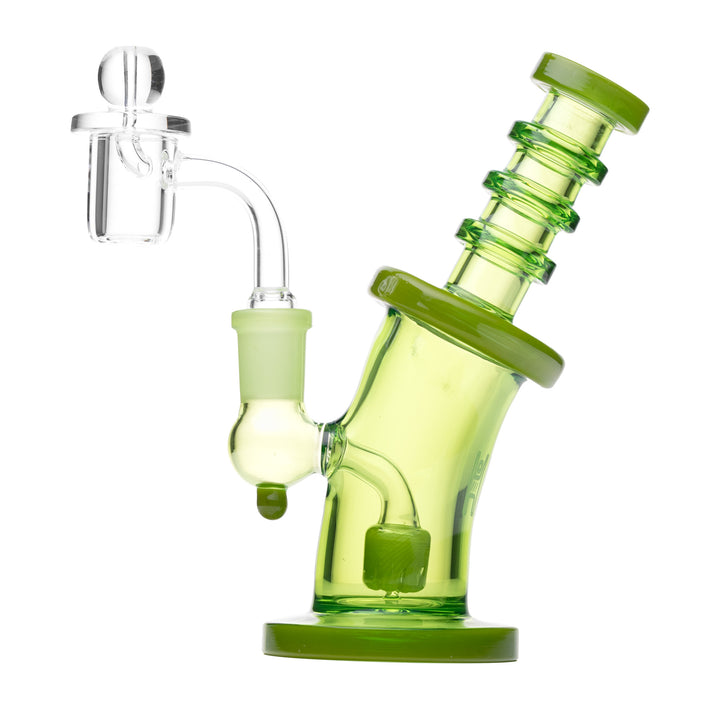 Human Grade 6.25 inch Bent Neck rig in matrix green glass with green accents on the neck, base and joint