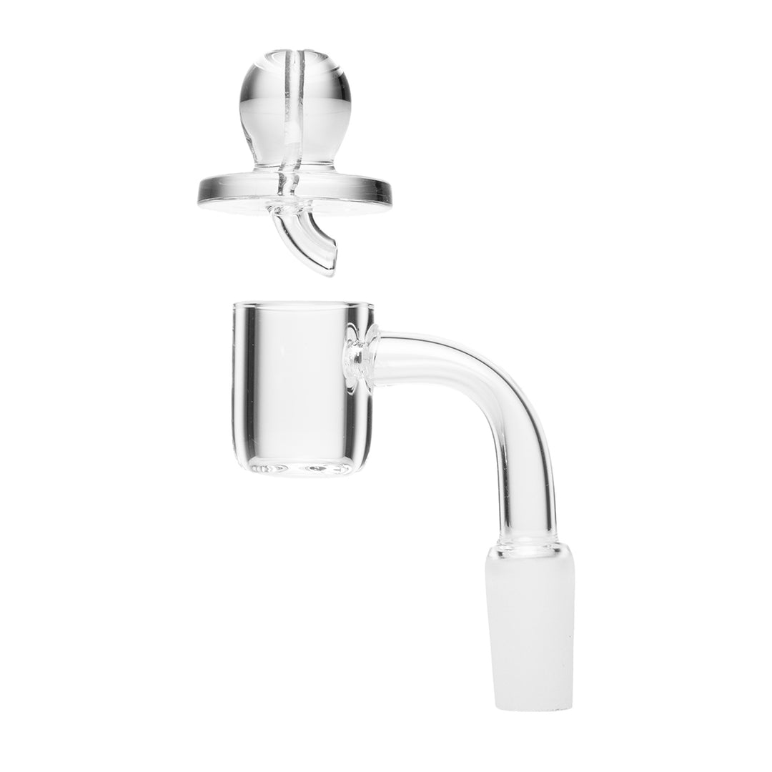 The 14mm quartz banger and glass carb cap included with the Human Grade Bent Neck rig