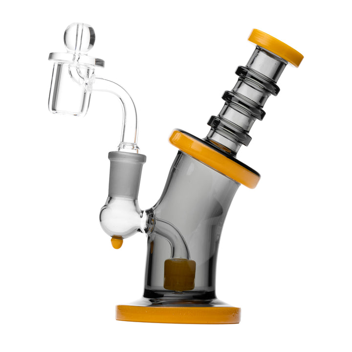 Human Grade 6.25 inch Bent Neck rig in smoke grey glass with orange accents on the neck, base and joint
