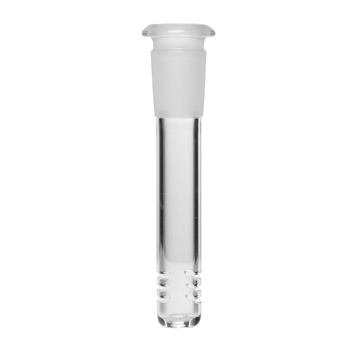 Close-up of the included 4.5-inch 18mm-to-14mm downstem for the Human Grade 6" Beaker Water Pipe, showing the diffusion slits