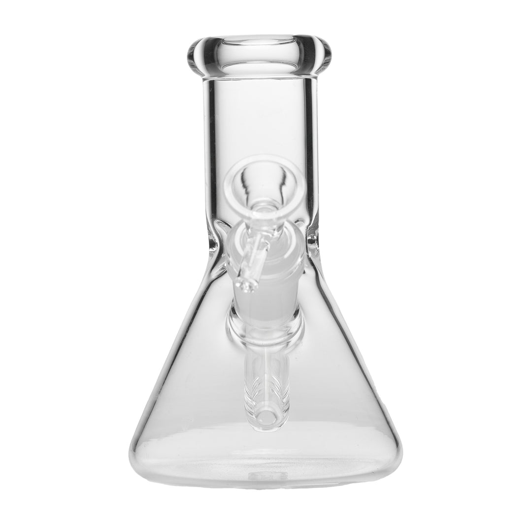 Human Grade 6" Beaker Water Pipe in Clear, front view, with the bowl seated in the downstem