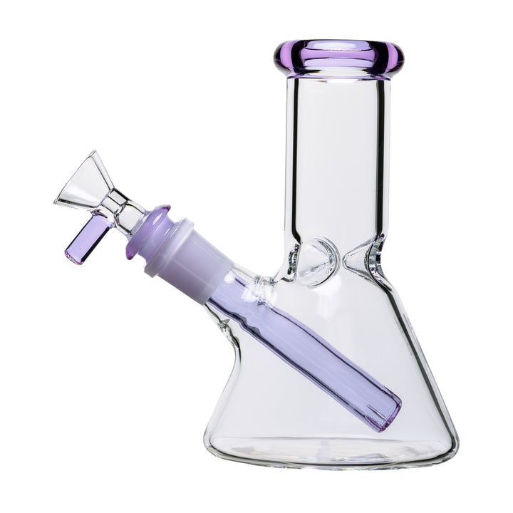 Human Grade 6" Beaker Water Pipe in the Clear and Lavender colourway, left side view
