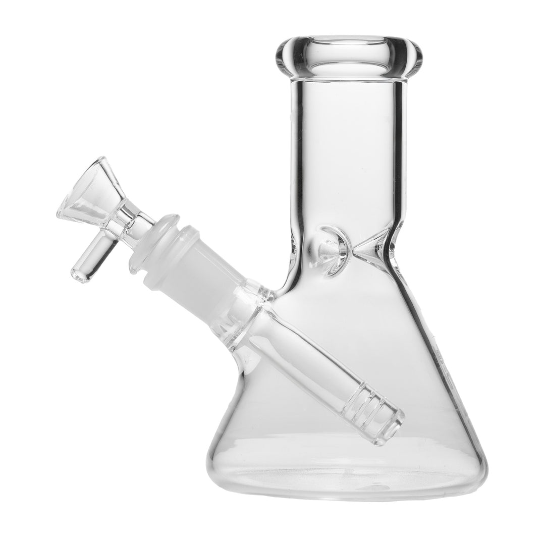 Human Grade 6" Beaker Water Pipe in Clear from the left, showing the full 6-inch height and the 14mm female joint