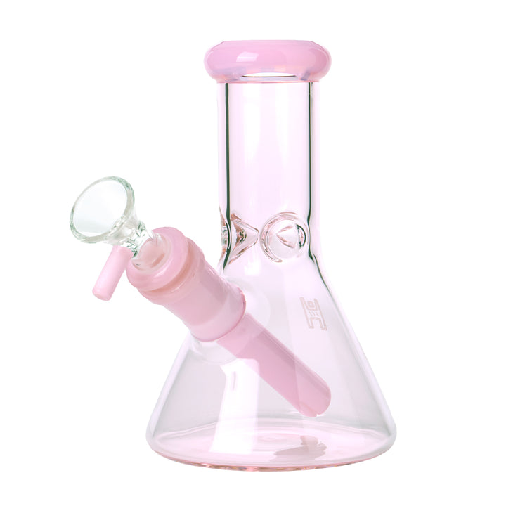 Human Grade 6" Beaker Water Pipe in the Pink and Pink colourway, pink body with a matching pink lip wrap, downstem and bowl