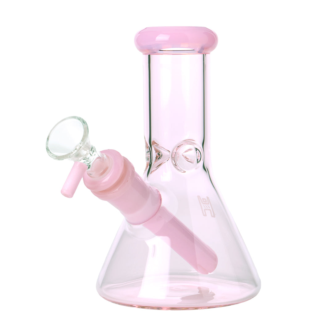 Human Grade 6" Beaker Water Pipe in the Pink and Pink colourway, pink body with a matching pink lip wrap, downstem and bowl