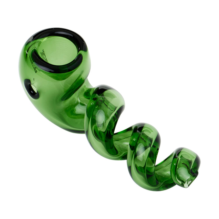Human Grade Corkscrew spoon pipe in green glass, showing the coiled corkscrew stem and deep bowl